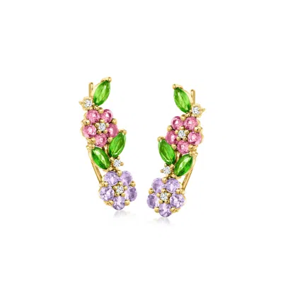 Ross-simons Multi-gemstone Flower Ear Climbers In 18kt Gold Over Sterling