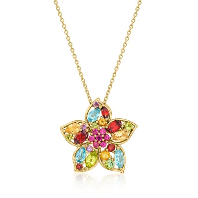 Ross-simons Multi-gemstone Flower Pin/pendant Necklace In 18kt Gold Over Sterling