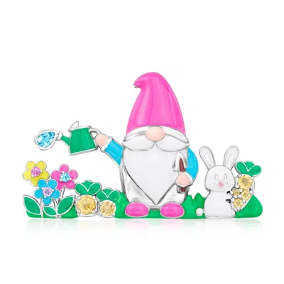Ross-simons Multi-gemstone Garden Gnome Pin With Multicolored Enamel In Sterling Silver In Yellow