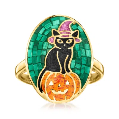 Ross-simons Multi-gemstone Halloween Cat And Pumpkin Mosaic Ring In 18kt Gold Over Sterling In Green