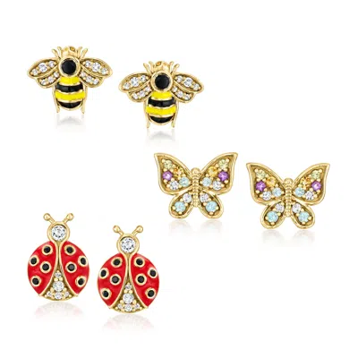 Ross-simons Multi-gemstone Jewelry Set: 3 Pairs Of Insect Earrings In 18kt Gold Over Sterling With Multicolored In White