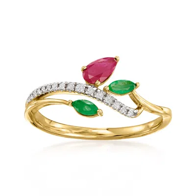 Ross-simons Multi-gemstone Leaf Ring With Diamond Accents In 14kt Yellow Gold In Pink