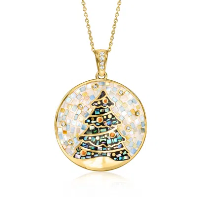 Ross-simons Multi-gemstone, Mother-of-pearl And Abalone Shell Christmas Tree Mosaic Inlay Pendant Necklace With  In Gold