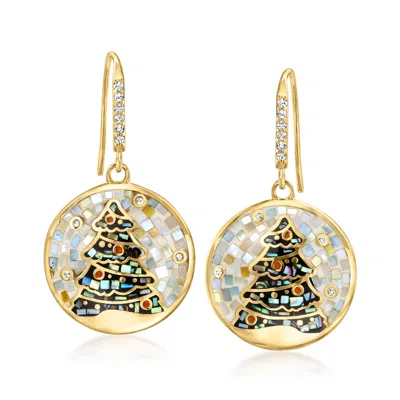 Ross-simons Multi-gemstone, Mother-of-pearl And Abalone Shell Mosaic Inlay Christmas Tree Drop Earrings With Ena In Gold