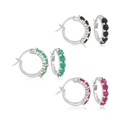 Ross-simons Multi-stone And Sterling Silver Jewelry Set: 3 Pairs Of Huggie Hoop Earrings In Red