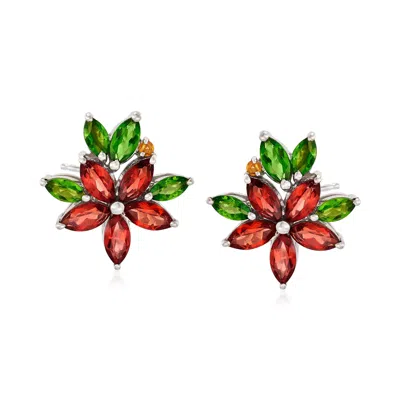Ross-simons Multi-stone Flower Earrings In Sterling Silver In Red