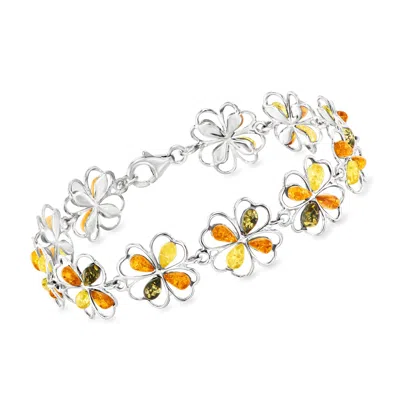 Ross-simons Multicolored Amber 4-leaf Clover Bracelet In Sterling Silver