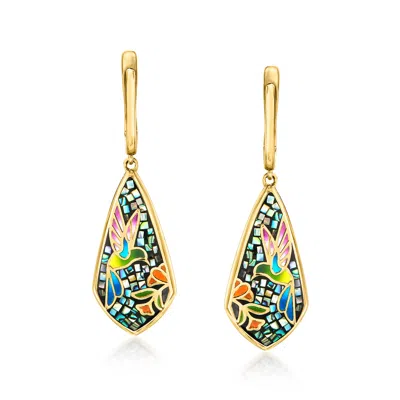 Ross-simons Multicolored Enamel And Abalone Shell Hummingbird Mosaic Drop Earrings In 18kt Gold Over Sterling In Black