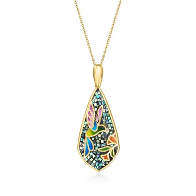 Ross-simons Multicolored Enamel And Abalone Shell Hummingbird Mosaic Pendant Necklace In 18kt Gold Over Sterling