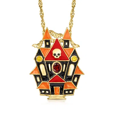Ross-simons Multicolored Enamel Haunted House Pin/pendant Necklace With . Garnet And Citrine Accents In 18kt Gol In Orange