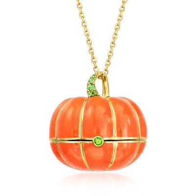 Ross-simons Multicolored Enamel Pumpkin Ghost Pendant Necklace With Tsavorites And Chrome Diopsides In 18kt Gold