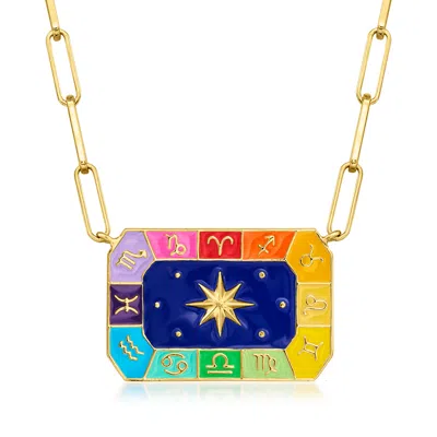 Ross-simons Multicolored Enamel Zodiac Paper Clip Link Necklace In 18kt Yellow Gold Over Sterling