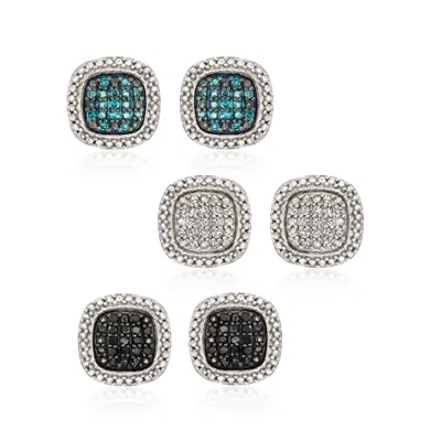 Ross-simons Multicolored Pave Diamond Jewelry Set: 3 Pairs Of Earrings In Sterling Silver In White