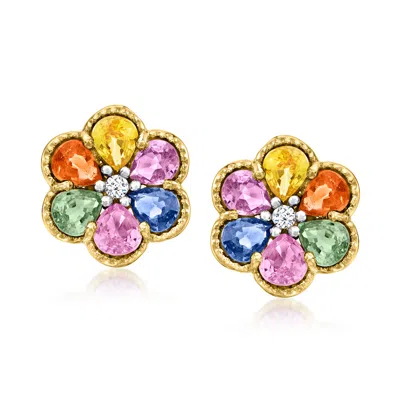 Ross-simons Multicolored Sapphire Flower Earrings With Diamond Accents In 18kt Gold Over Sterling In Pink