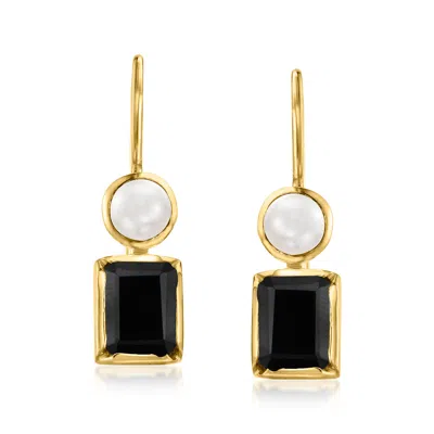 Ross-simons Onyx And 4.5-5mm Cultured Pearl Drop Earrings In 18kt Gold Over Sterling In Multi