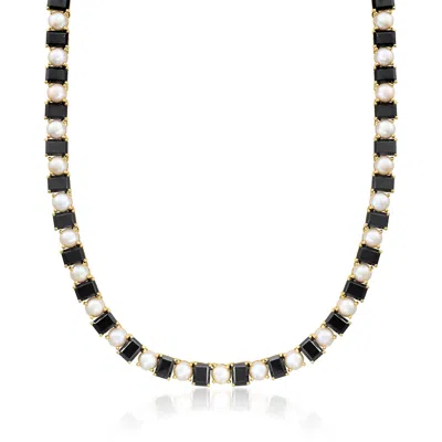 Ross-simons Onyx And 6.5-7mm Cultured Pearl Necklace In 18kt Gold Over Sterling