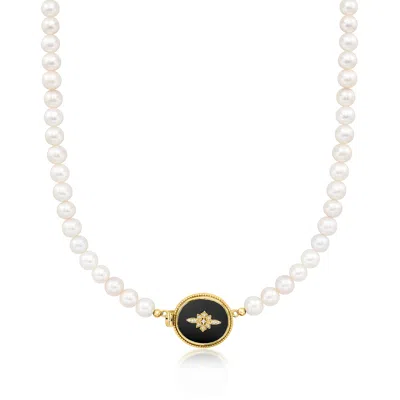 Ross-simons Onyx And 6.5-7mm Cultured Pearl Necklace With Diamond Accents In 18kt Gold Over Sterling In Multi