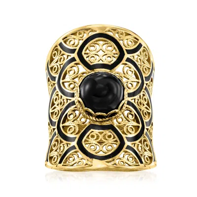 Ross-simons Onyx And Black Enamel Filigree Ring In 18kt Gold Over Sterling