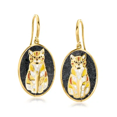 Ross-simons Onyx And Mother-of-pearl Cat Mosaic Drop Earrings With Multicolored Enamel In 18kt Gold Over Sterlin In White