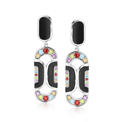 Ross-simons Onyx And . Multi-gemstone Art Deco-style Drop Earrings In Sterling Silver