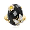 Ross-simons Onyx And White Zircon Butterfly And Flower Ring With Single Black Spinel In 18kt Gold Over Sterling In White