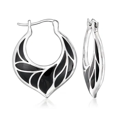 Ross-simons Onyx Leaf-pattern Hoop Earrings In Sterling Silver In Black