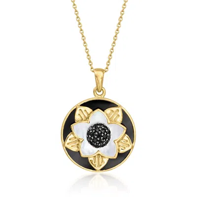 Ross-simons Onyx, Mother-of-pearl And . Black Spinel Flower Pendant Necklace In 18kt Gold Over Sterling In Multi
