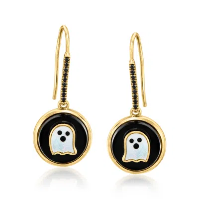 Ross-simons Onyx, Mother-of-pearl And . Black Spinel Ghost Drop Earrings With Black Enamel In 18kt Gold Over Ste