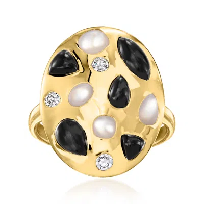 Ross-simons Onyx, Mother-of-pearl And Lab-grown Diamond Ring In 18kt Gold Over Sterling