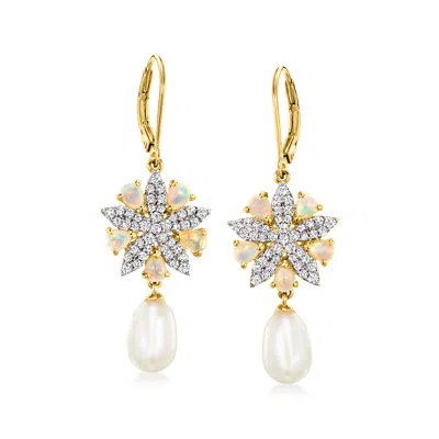 Ross-simons Opal, 10x7mm Cultured Pearl And White Topaz Starfish Drop Earrings In 18kt Gold Over Sterling In Silver