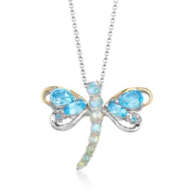 Ross-simons Opal And Blue And White Topaz Dragonfly Pin Pendant Necklace In 2-tone Sterling Silver In Multi