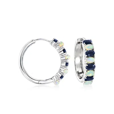 Ross-simons Opal And Sapphire Hoop Earrings In Sterling Silver In Black