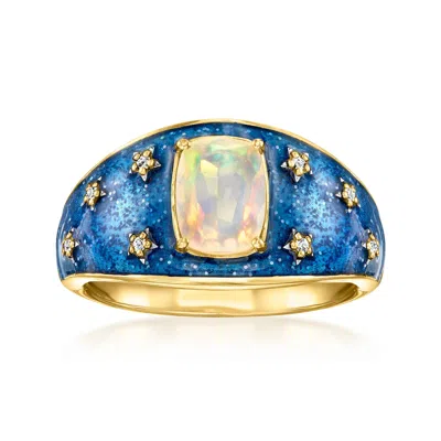 Ross-simons Opal Celestial Ring With Diamonds And Blue Glitter Enamel In 18kt Gold Over Sterling In White