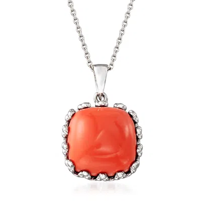 Ross-simons Orange Coral Square Pendant Necklace In Sterling Silver In Multi
