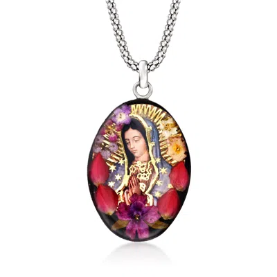 Ross-simons Our Lady Of Guadalupe Pendant Necklace With Dried Flowers In Sterling Silver In Multi