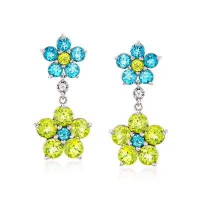 Ross-simons Peridot And Swiss Blue Topaz Floral Drop Earrings With White Topaz In Sterling Silver In Green