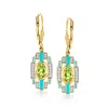 ROSS-SIMONS PERIDOT AND . WHITE TOPAZ DROP EARRINGS WITH BLUE AND WHITE ENAMEL IN 18KT GOLD OVER STERLING