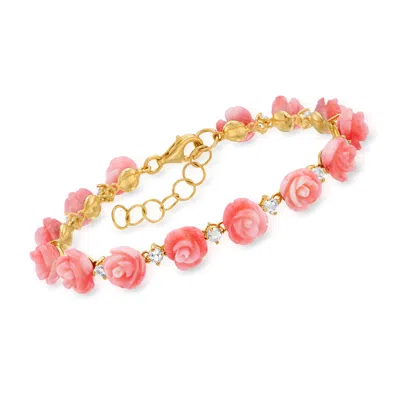 Ross-simons Pink Coral And White Topaz Rose Bracelet In 18kt Gold Over Sterling In Multi