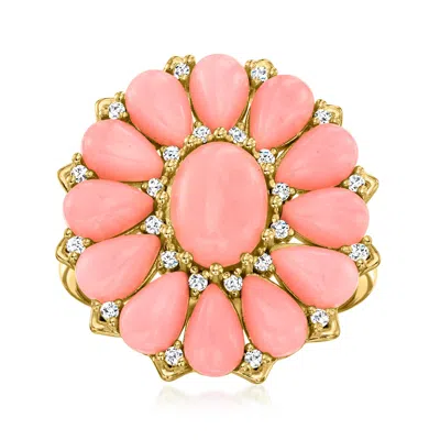 Ross-simons Pink Coral And White Zircon Floral Ring In 18kt Gold Over Sterling