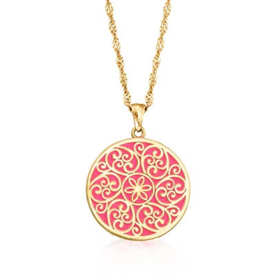 Ross-simons Pink Enamel Filigree Pendant Necklace In 18kt Gold Over Sterling