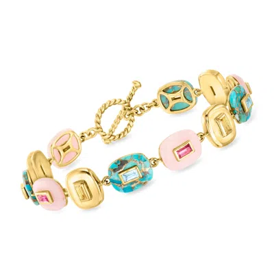 Ross-simons Pink Opal, Turquoise And Multi-gemstone Overlay Bracelet In 18kt Gold Over Sterling