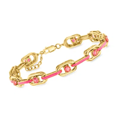 Ross-simons Pink Topaz And Pink Enamel Link Bracelet In 18kt Gold Over Sterling