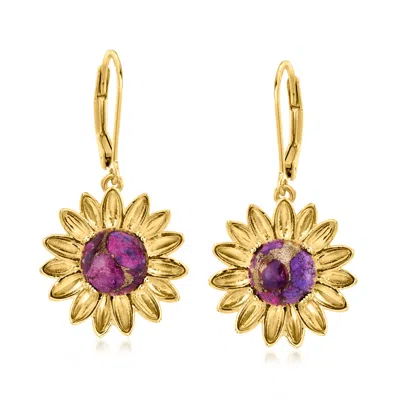 Ross-simons Purple Turquoise Sunflower Drop Earrings In 18kt Gold Over Sterling