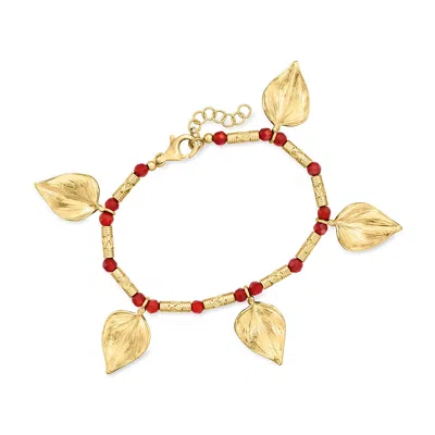 Ross-simons Red Carnelian Bead Leaf Bracelet In 18kt Gold Over Sterling In Multi