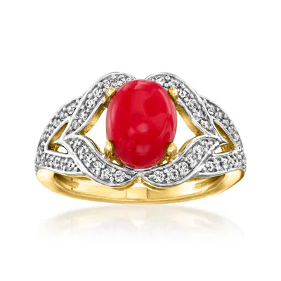 Ross-simons Red Coral And White Zircon Ring In 18kt Gold Over Sterling