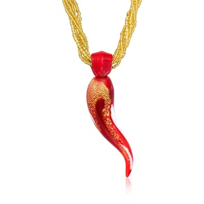 Ross-simons Red Murano Glass Italian Horn Multi-strand Necklace With 18kt Gold Over Sterling