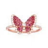 Ross-simons Ruby And . Diamond Butterfly Ring In 14kt Rose Gold In Red