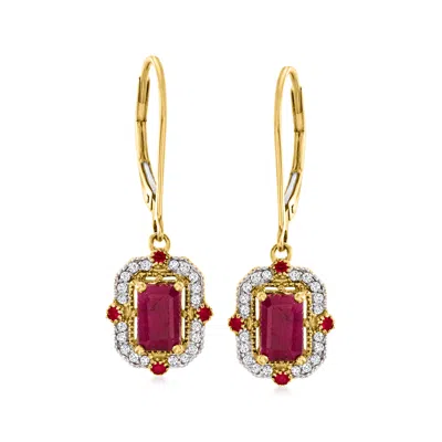 Ross-simons Ruby And . Diamond Drop Earrings In 14kt Yellow Gold In Red