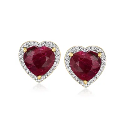 Ross-simons Ruby And . Diamond Heart Earrings In 18kt Gold Over Sterling In Red