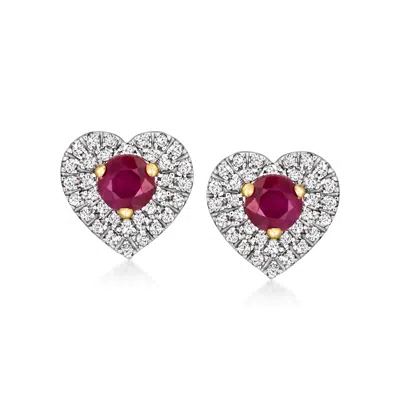 Ross-simons Ruby And . Diamond Heart Stud Earrings In 14kt Yellow Gold In Red
